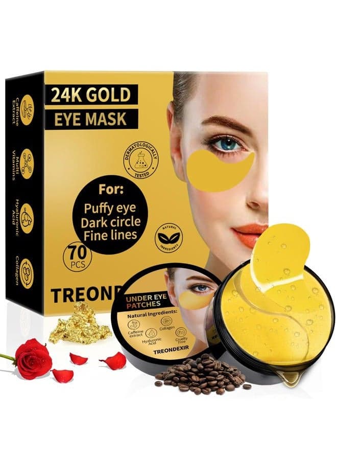 24K Gold Eye Masks for Dark Circles and Puffiness 70PCS, Under Eye Patches Gel Pads for Puffy Eyes Treatment w/Collagen, Caffeine, Peptides for Eye Bags Treatment, Gel Eye Mask Skincare