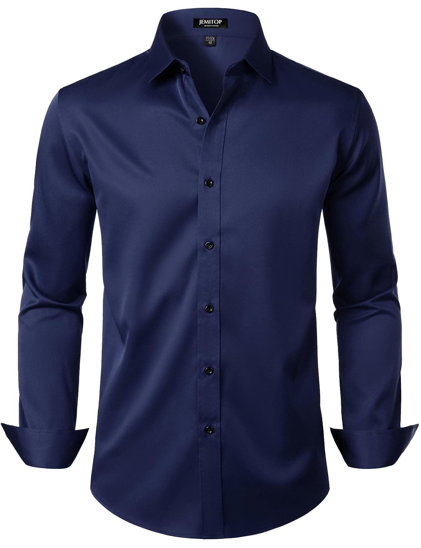 JEMITOP Men's Stretch Wrinkle Free Dress Shirts Formal Wedding Prom Long Sleeve Button Down Shirt Navy L