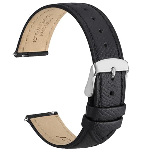 WOCCI 18mm Grace Watch Band for Ladies Top Grain Leather Quick Release Replacement Strap with Silver Buckle Black