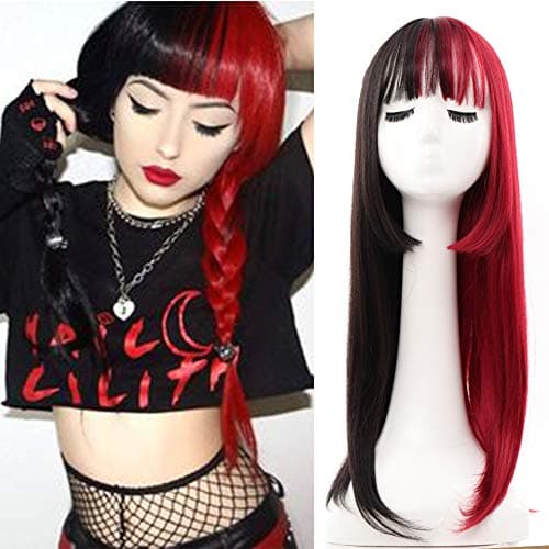Kaneles Half Red Half Black Wig with Bangs Long Straight Synthetic Heat Resistant Wig for Women Hair Natural Halloween Cosplay Wigs (Half Black Half Red)