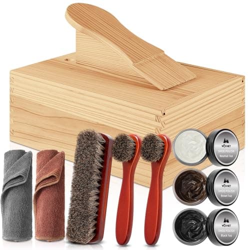 Wovnet 9 Pcs Shoe Shine Valet Box Including 1 Wooden Storage Box, 3 Colors Shoe Cream, 3 Big Brushes and 2 Towels, Shine Care Kit for Men Leather Boot Father's Day Birthday Gift