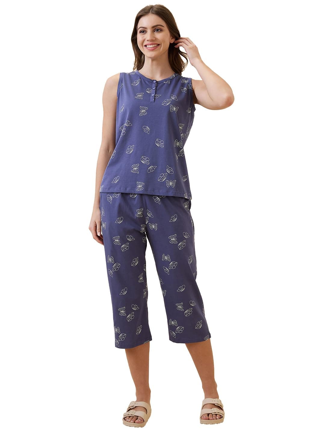AV2 Women's Cotton Printed Round Neck Sleeveless Nightsuit Set | Capri Set | Casual Night Dress for Women Blue X-Large 2127