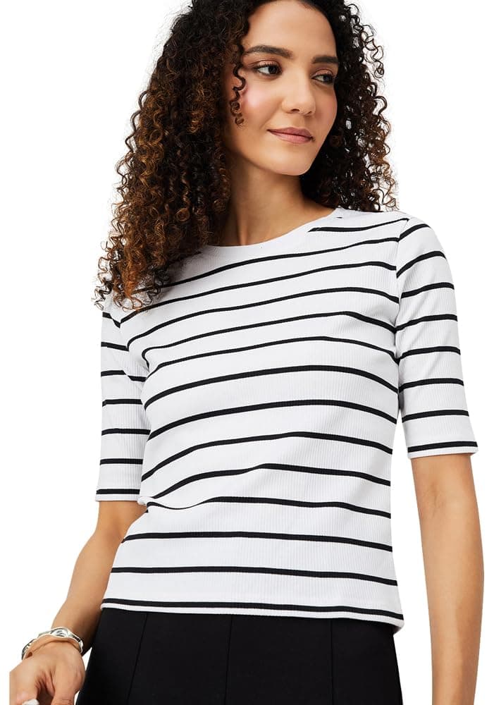 Max Women Cotton Blend Regular Fit T-Shirt (STRIPER1B_White, 2XL