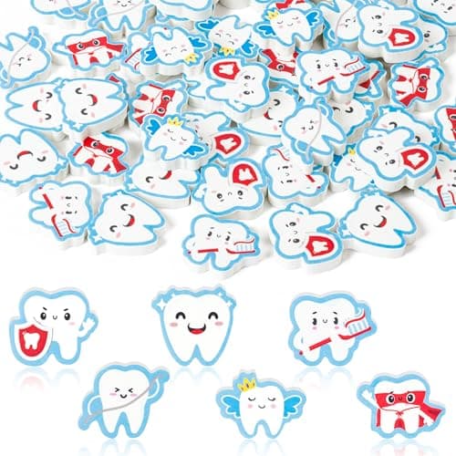 CJiangpo 60Pcs Tooth Mini Erasers for Kids Bulk Cute Tooth Fairy Pencil Rubber Eraser Cartoon Novelty Teeth Themed Party Favors Filler School Classroom Prizes Gifts
