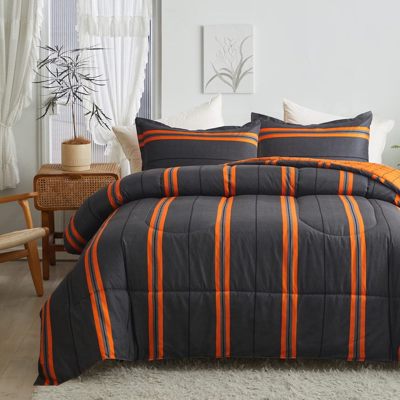 Flysheep 3 Pcs Modern Boho Halloween Comforter Set FullQueen Size for Women Bright Orange Striped on Black Dark Grey Soft Microfiber Reversible Bedding Set for All Season