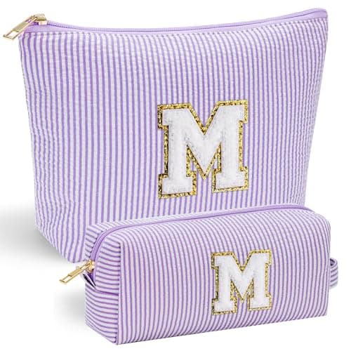 YOOLIFE Purple Cute Travel Makeup Bag - Preppy Makeup Bag Sweet 16 Gifts Sister Girlfriend Gifts Monogram Makeup Bag Make Up Bag Large Cosmetic Bags for Women Friend Birthday Gifts Preppy Stuff M