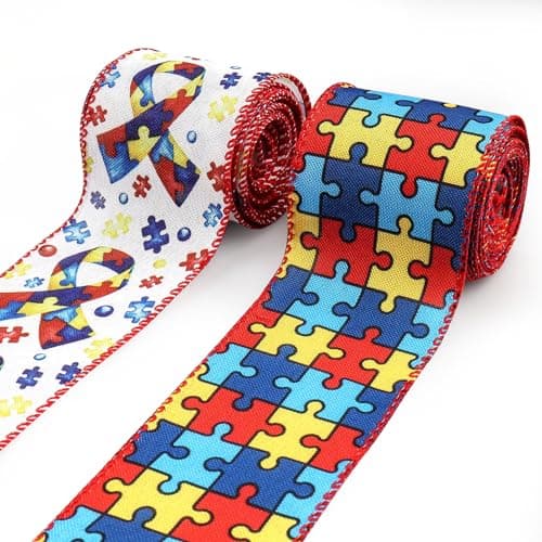 Habbiful 2 Rolls 10 Yard Autism Awareness Ribbon for Crafts Wreath Bow Making Autism Puzzle Piece Burlap Ribbon for Wrapping Charitable Party Awareness Campaigns Home Decoration25 Inch