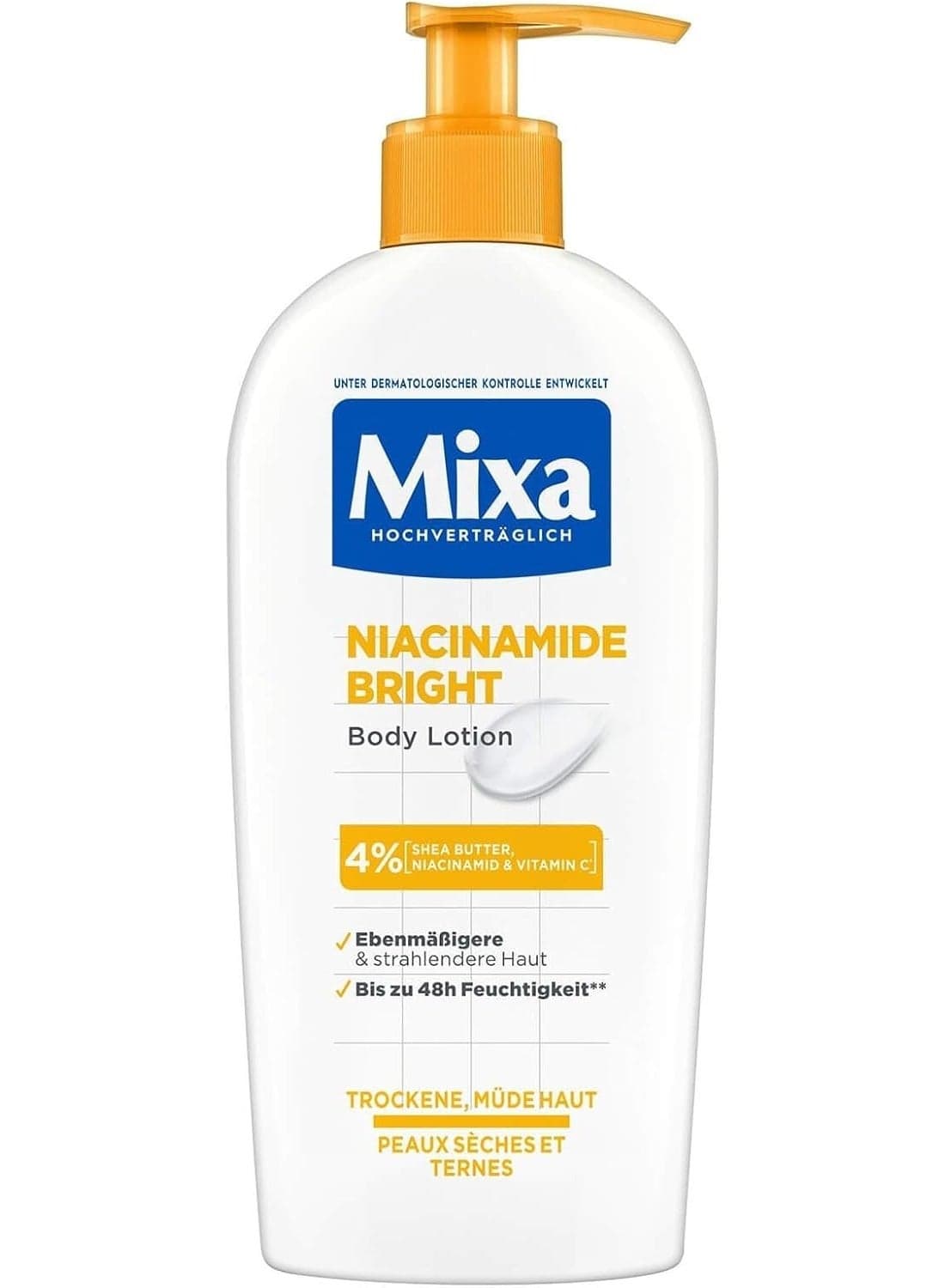 Mixa Moisturizing Body Lotion for Dry and Dull Skin, Moisturized Skin for 48H, Bright and Uniform, with 4% Niacinamide, Vitamin Cg and Shea Butter, Niacinamide Bright, 400ml