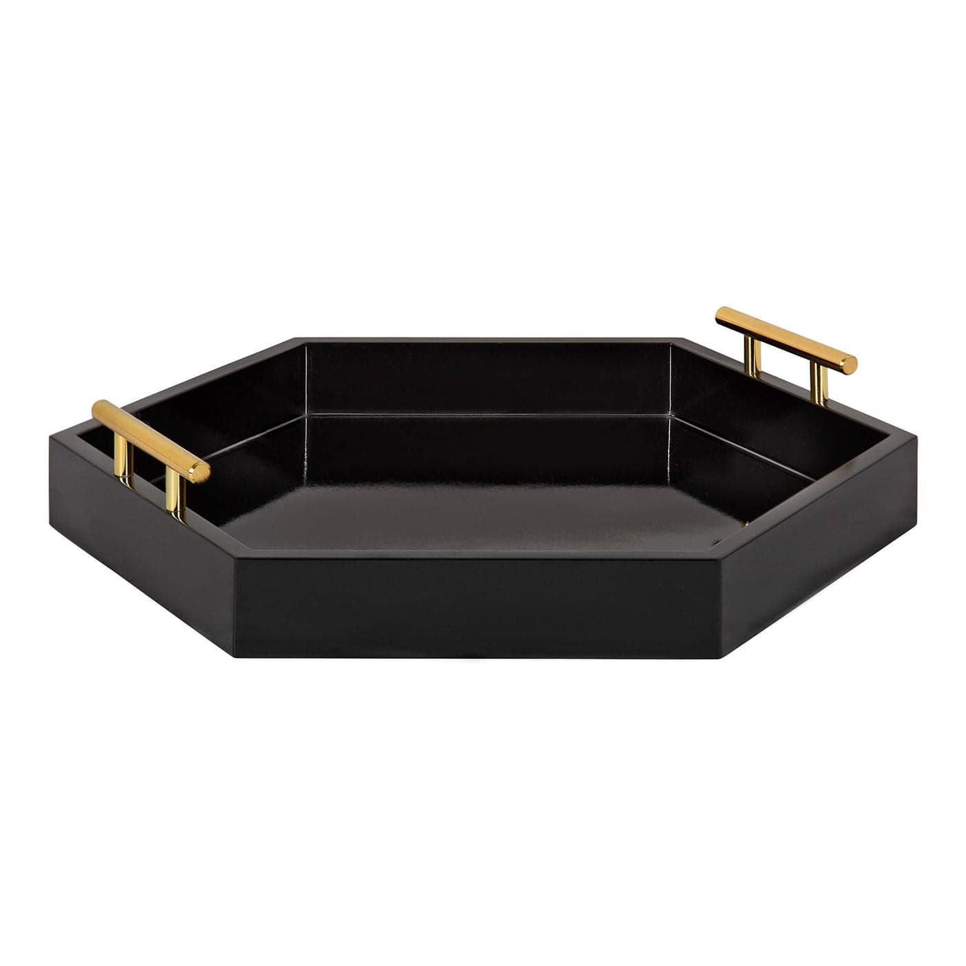 Kate and Laurel Lipton Modern Hexagon Decorative Tray 18 x 18 Black with Gold Metal Handles