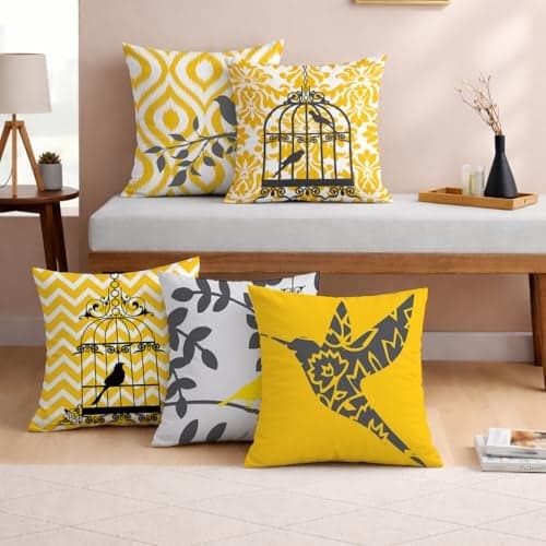 STITCHNEST Set of 5 Polycotton Cushion Covers – 18x18 Inches – Yellow & Grey Bird Cage Theme with Ikat and Chevron Prints – Modern Cushion Covers for Sofa & Living Room | Perfect for Home Decor