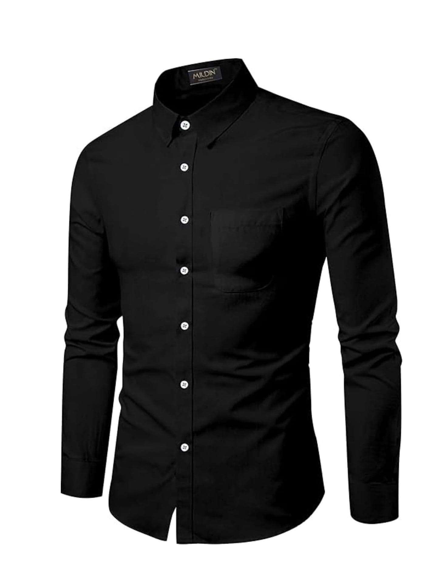 MILDIN Men's Cotton Blend Solid Shirt with Spread Collared Full Sleeve Curved Hemline Button Closure Slim Fit and One Pocket | Shirt for Man Full Sleeve | Formal Black S - 36