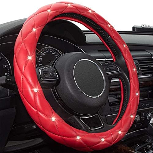 Xizopucy Red Steering Wheel Cover, Leather Car Steering Wheel Cover, Crystal Rhinestones Anti-Slip Soft Accessories for Women and Girl Universal Fit 14.5-15 Inch