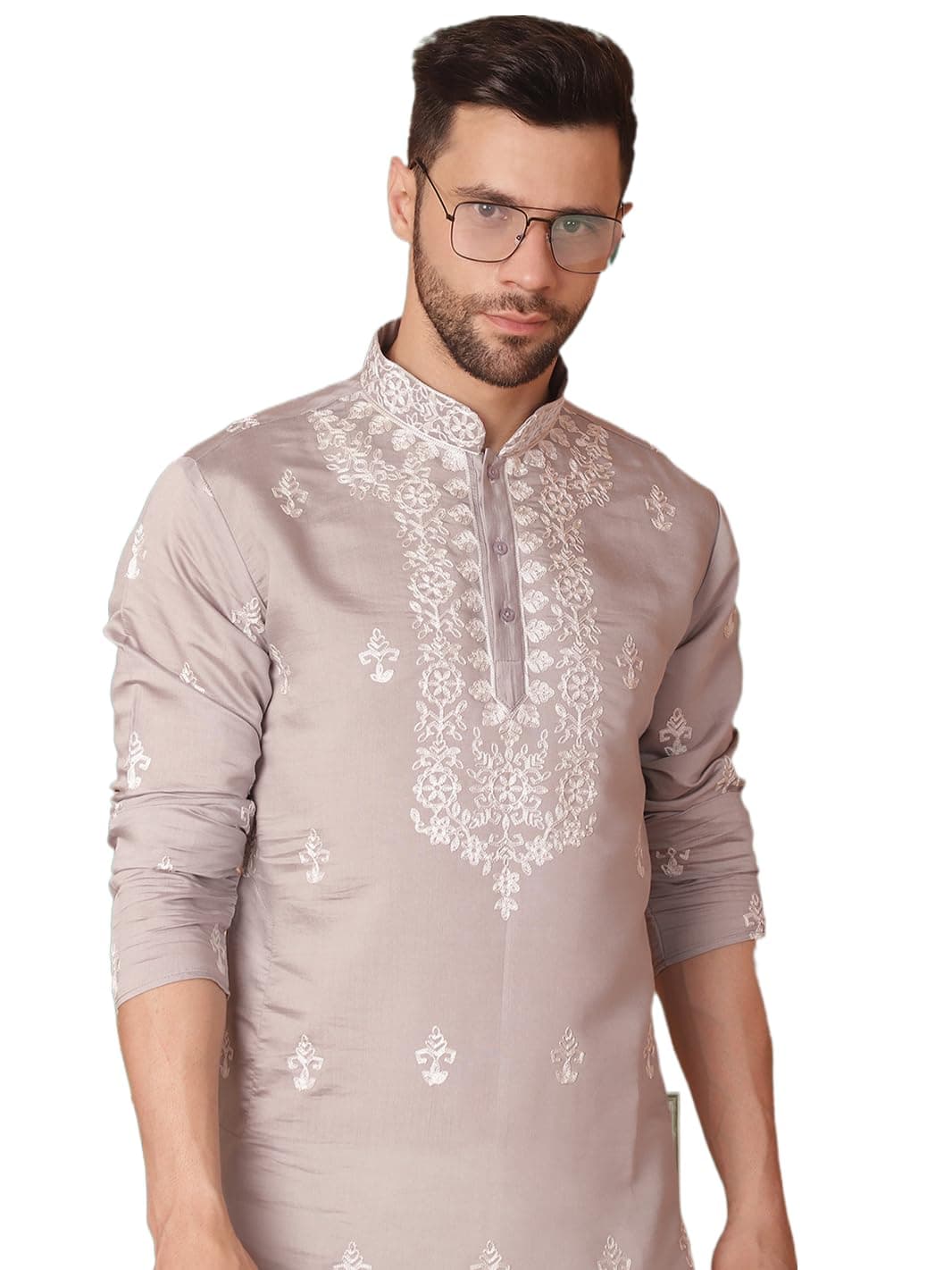 Jompers Men's Grey Chikankari Embroidered Kurta Only (Grey, M)