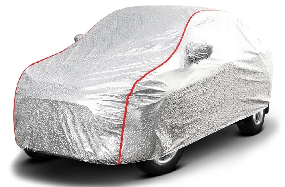 PROTEGO All Weather Protection Car Cover for Maruti Suzuki Alto | Anti Dust, 100% Waterproof, Durable Cover - Triple Stitched Elastic Grip with Mirror Pocket |(Metallic Silver with Red Piping)
