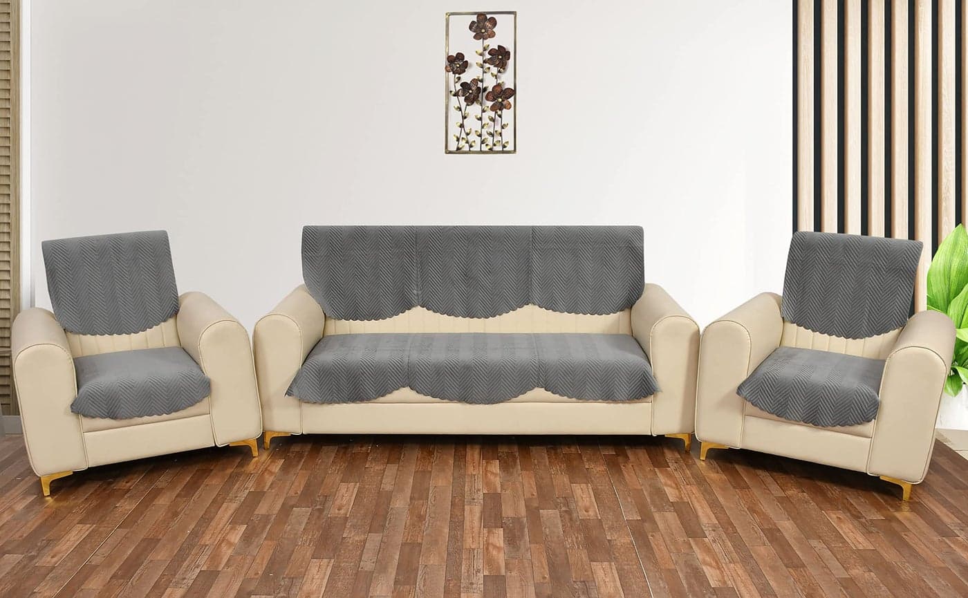 Yellow Weaves Velvet 5 Seater Quilted Sofa Cover and Chair Cover, Seat&Back Cover, Color - Dark Grey