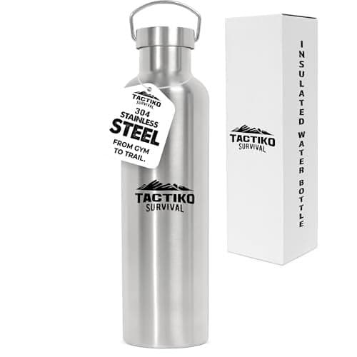 Tactiko Survival 1000ml 34 oz Insulated Stainless Steel Wide Mouth Water Bottle Double Wall Insulation Leakproof BPAFree with Cleaning Brush for Camping Hiking Outdoor Prep