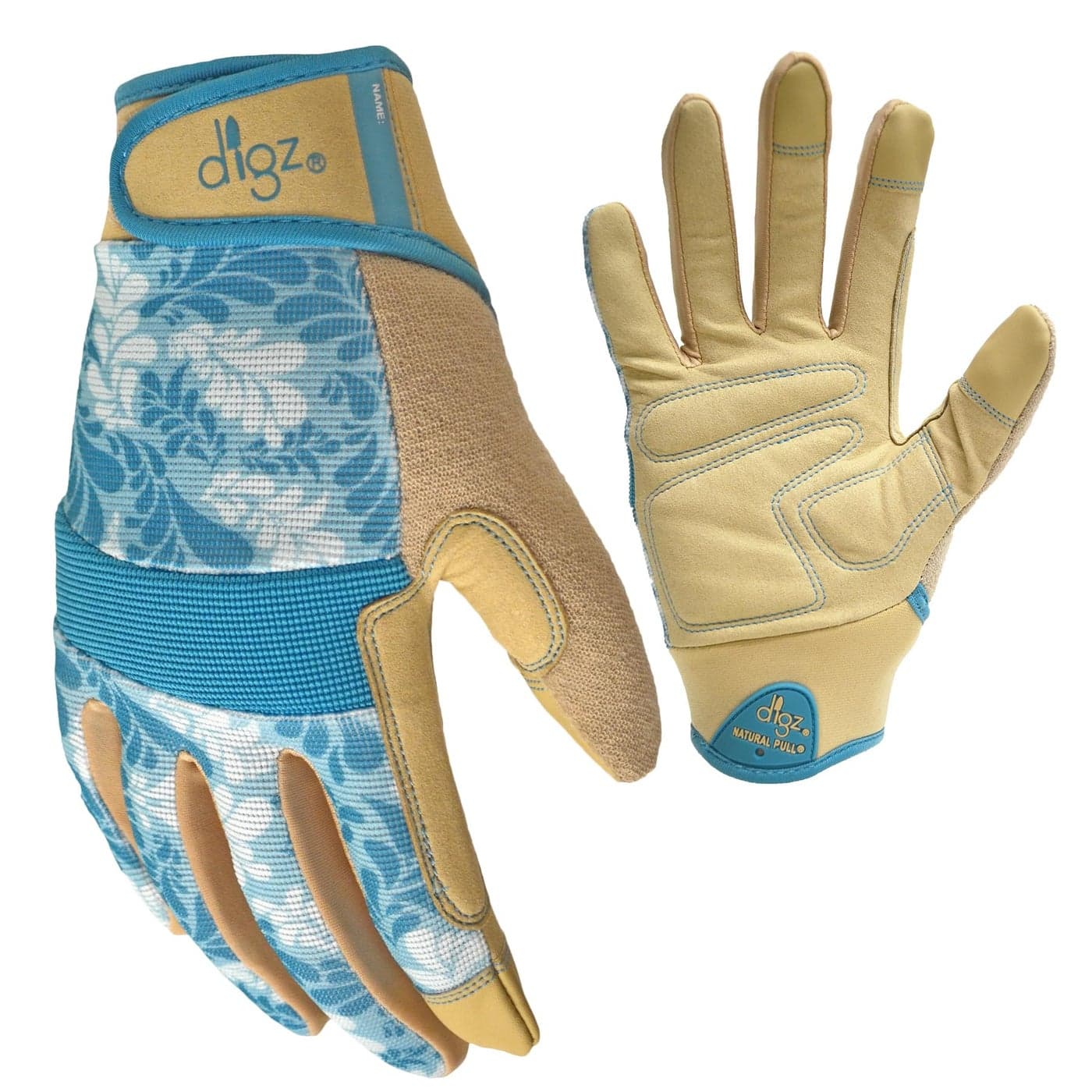 DIGZ 760623 High Performance Womens Gardening Gloves Work Gloves with Touchscreen Compatible Fingertips Blue Leaves Pattern Medium