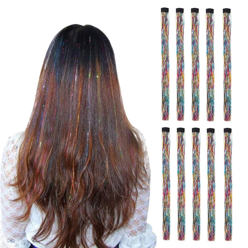 10Pcsset Highlight Glitter Tinsel Hair Extensions Clip In Colored Party Sparkling Shiny Hair Extensions MultiColors Hair Streak Bling Hairpieces Multicolor