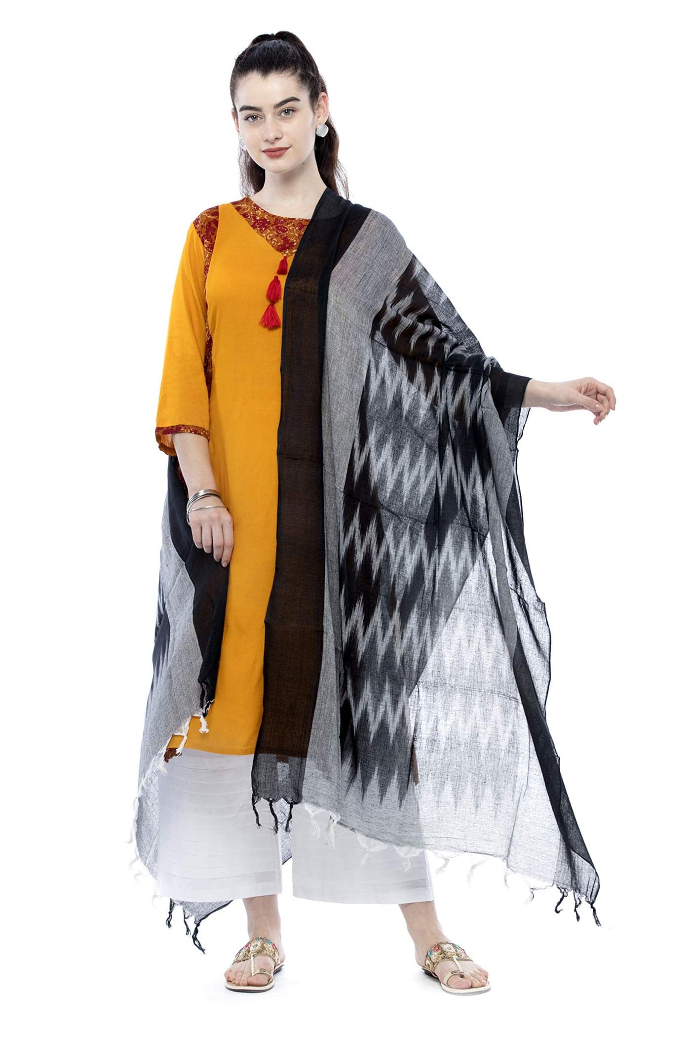 A R Silk Women's Ikkat Design Pure Cotton Dupatta (ARS0416, Black, Free Size)