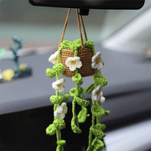 FOWSEEK Crochet Potted Plants Car Mirror Hanging Accessories Cute Car Decorations for Women Men Handmade Knitted Rearview Mirror Accessories Home Crochet Plant Decor Gifts