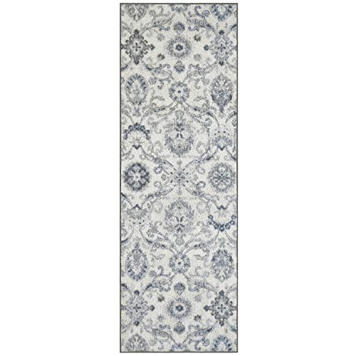 Maples Rugs Blooming Damask Runner Rug - Made in USA – Washable, Non Slip Indoor Carpet for Hallway, Kitchen, and Laundry Room, 2' x 6', Grey/Blue