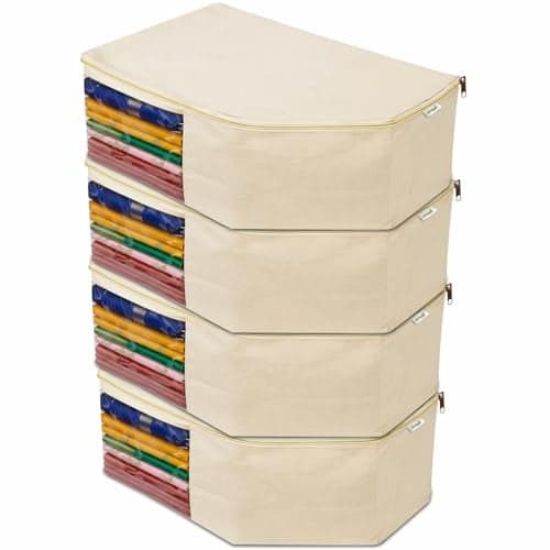 JD FRESH 4 Pack Canvas Cotton Blouse Organizer for Wardrobe/Transparent Blouse Covers for Storage/Dust Proof Blouse Storage Bags with Zipper/Saree & Blouse Cover for Women (38x25x17 cm/Off White)