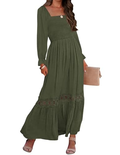 ZESICA Womens 2024 Boho Long Sleeve Square Neck Smocked High Waist Flowy A Line Lace Trim Maxi Dress Army Green