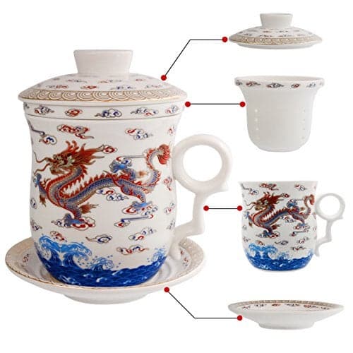 PLESIU Tea Talent Porcelain Tea Cup with Infuser Lid and Saucer Sets - Chinese Jingdezhen Ceramics Coffee Mug Teacup Loose Leaf Tea Brewing System for Home Office