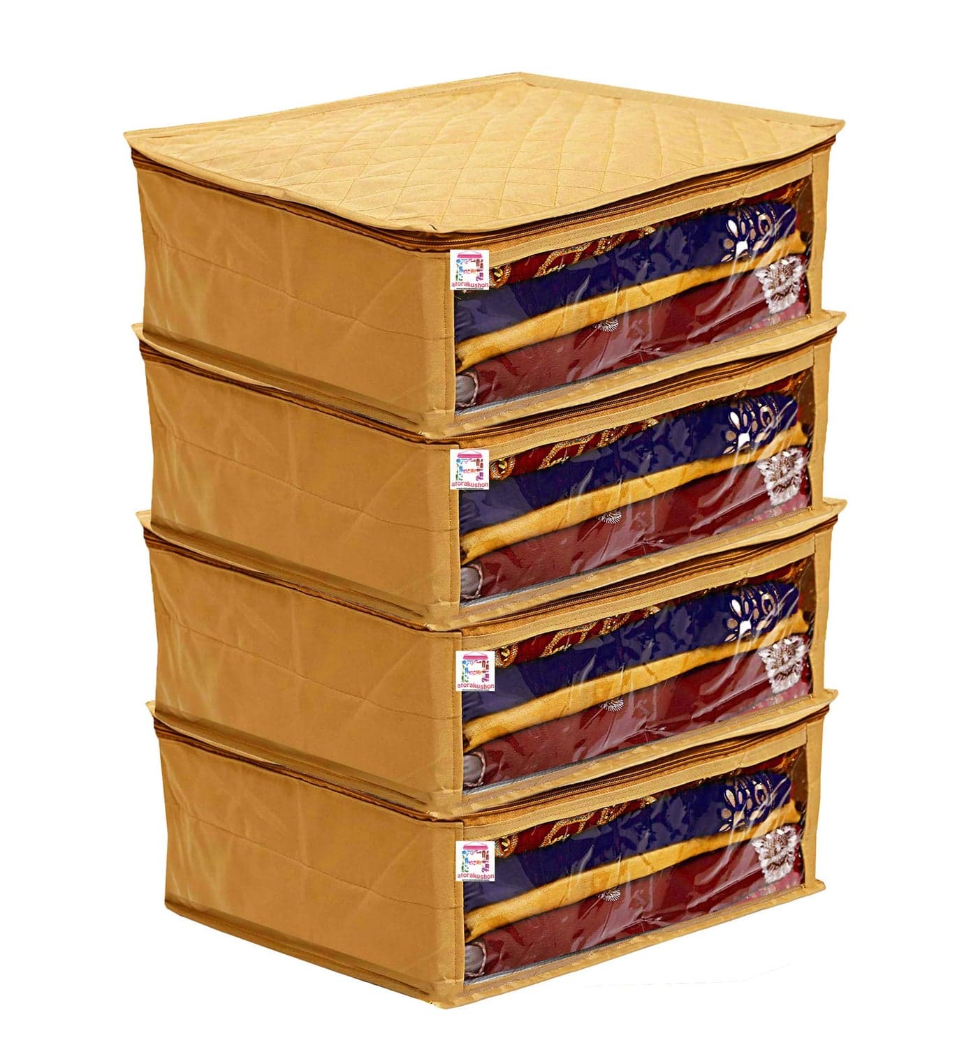 atorakushon® Satin Saree Cover Garments Cover Bag Clothes Storage Wardrobe Organiser Pack of 4 (Golden)