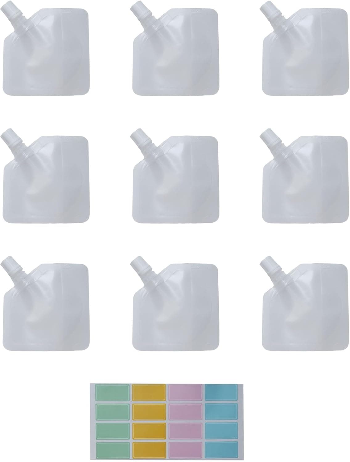 sowaka 10 Pcs Portable Fluid Bags with Sticker 30 ML Plastic Travel Pouches Containers Refillable Squeeze Pouches for Toiletries Shampoo Conditioner Lotion Soap Liquids