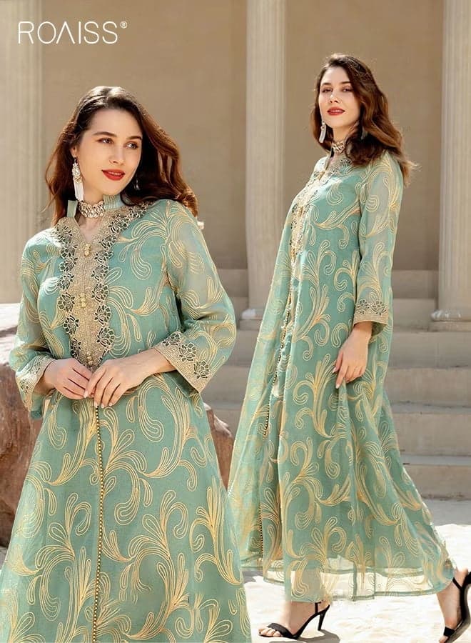 Women Luxury Stand Collar Graphic Printing Robe Maxi Dresses Exclusive Styles Modern Stylish Abaya Middle East Arabic Banquet Wedding Party Dress Women's Festival Clothing Green
