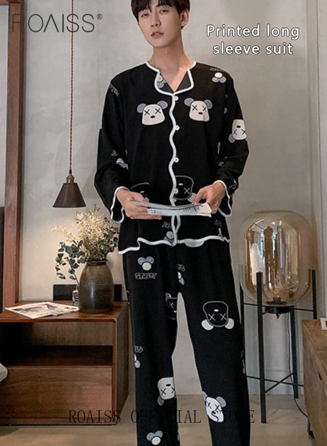 2 Piece Long Sleeve Pajamas Outfit for Men, Soft Printed Loungewear Set with Button Down Notch Collar Top and Elastic Waist Long Pants, Perfect for Sleeping or Lounging Around Your House