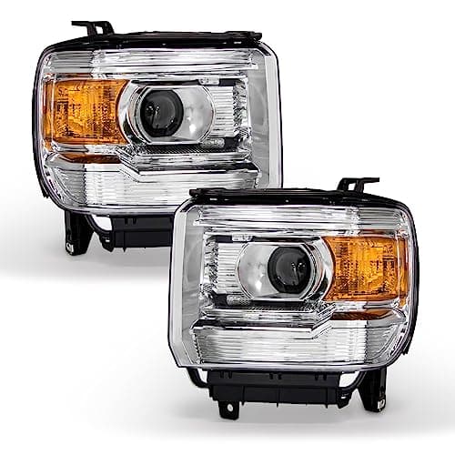 Headlight Assembly for 2014-2018 GMC Sierra 1500 Base/Denali/SLE/SLT/2015-2019 GMC Sierra 2500HD/3500HD Base/Denali/SLE/SLT Chrome Housing Amber Reflector Replacement Without LED Daytime Running Light
