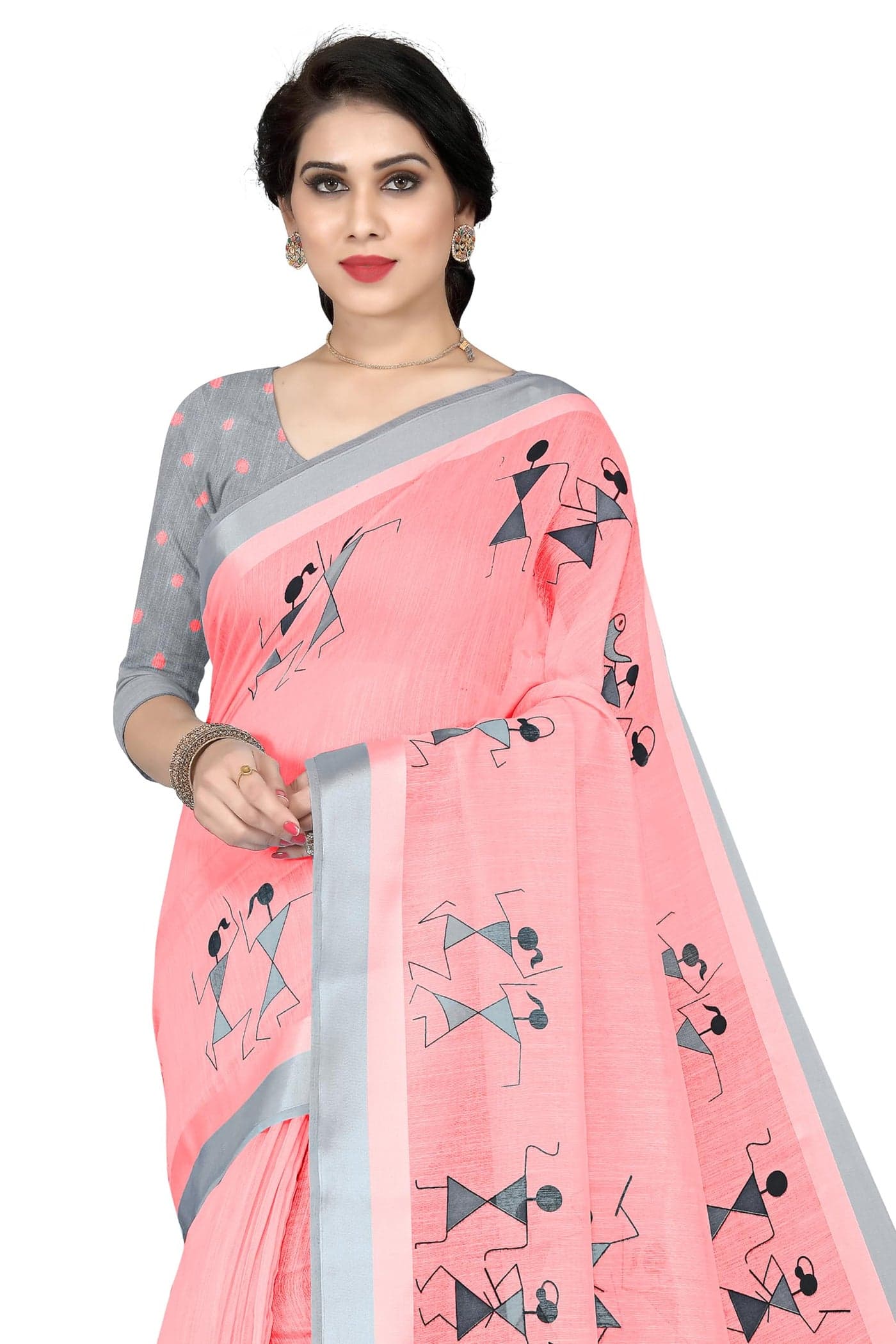 MIRCHI FASHION Women's Cotton Blend Tribal Art Warli Printed Designer Saree with Blouse Piece (Peach)