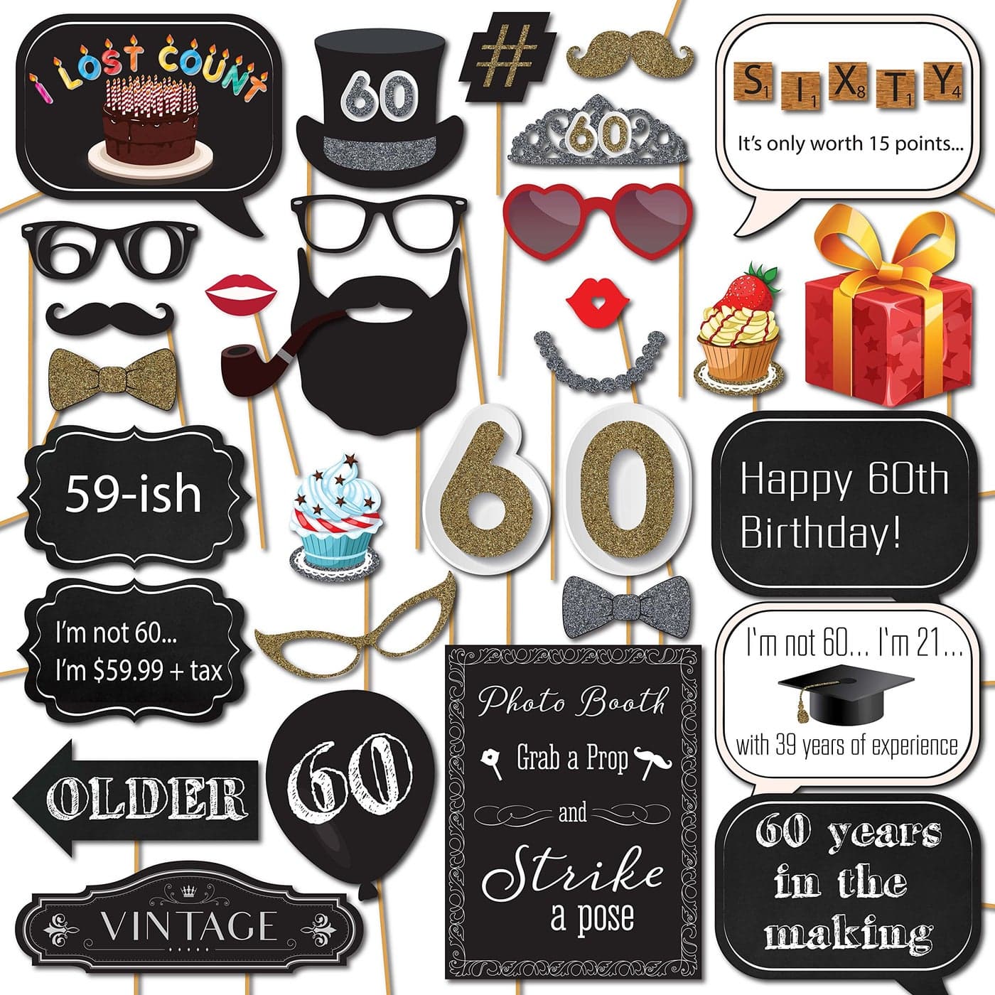 60th Birthday Party Photo Booth Props and Signs Rose Gold 60 Birthday Party Selfie Props Kit with Sticks for Girls Women Sixty 60th Happy Birthday Party Decorations Supplies Favors