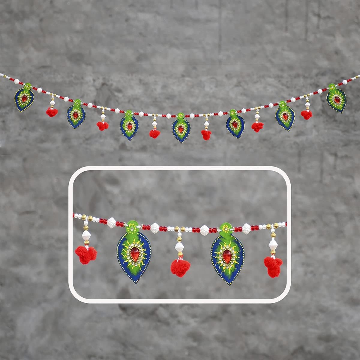 Saugat Traders Wooden Toran for Main Door Entrance Home Decor Diwali Mandir Decoration Pooja Room - Handmade Bandarwal Stone Leaves Beads Thoranam 3 Feet