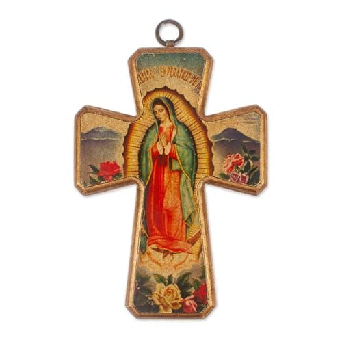 NOVICA Religious Theme Decoupage On Pinewood Wall Cross, Virgin of Guadalupe Queen of Mexico' 0.80" x 11.00"
