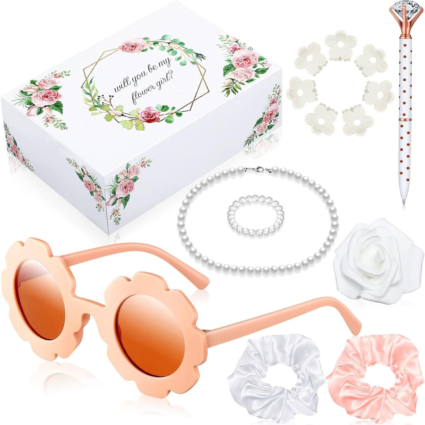 16 Pcs Flower Girl Proposal Box Kit Gifts Round Glasses Necklace Pearl Bracelet Diamond Pen Hair Scrunchies Rose Will You Be My Flower Girl for Wedding(Pink)