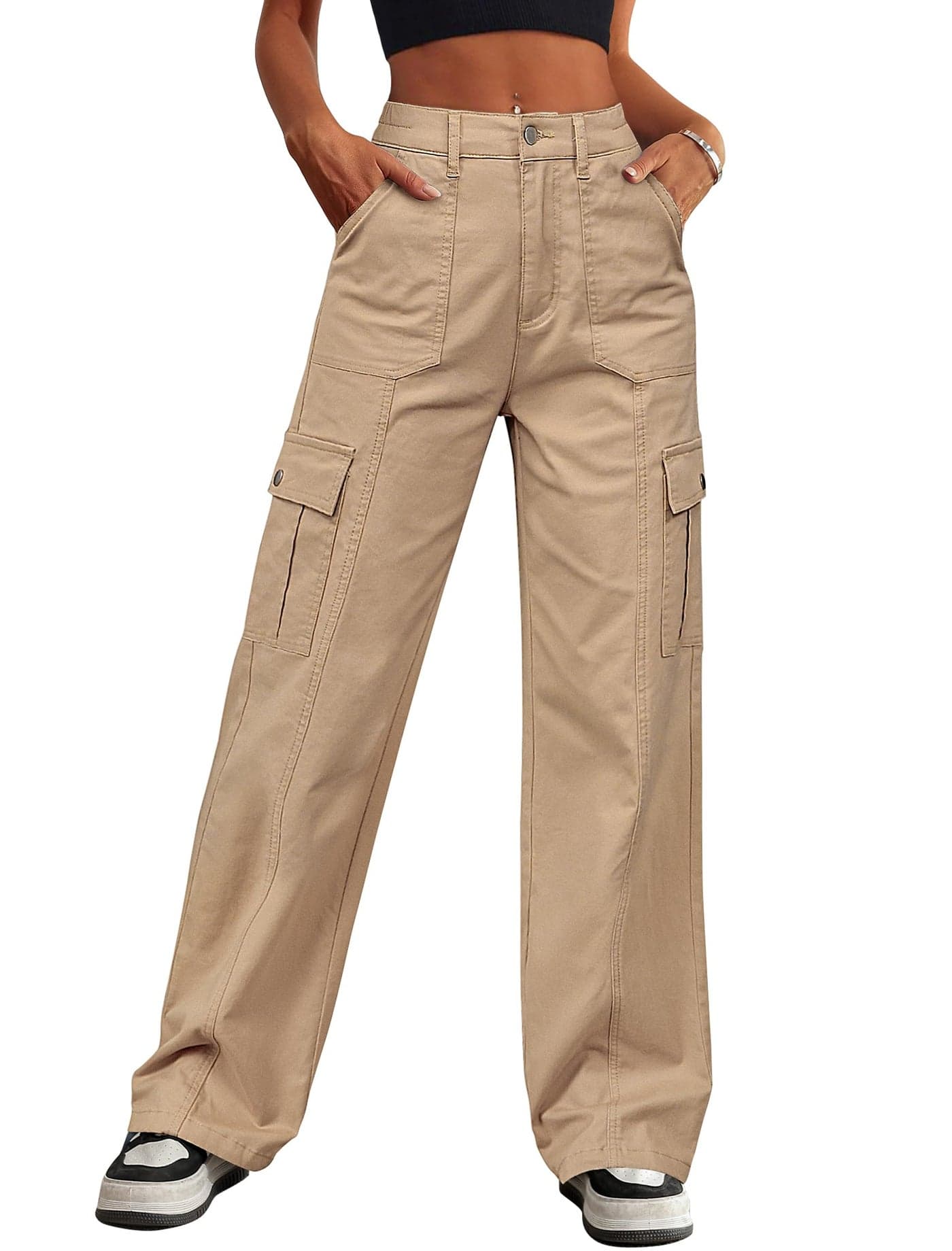 Eddoyee Cargo Pants for Women Drawstring Ankle Cuffs Stretch High Waisted 6 Pockets Straight Wide Leg Jean Casual Baggy Pants(Khaki, Medium)