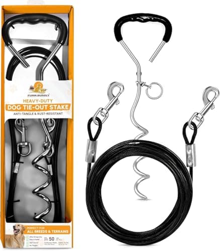 FURR BUNNY Dog Tie Out Cable and Stake for Medium Dogs Upto 50 LBs – Anti-Tangle, Rust-Resistant, 360° Swivel Leash System – 18 Inches Spiral Stake and 4mm 20 FT Long Dog Runner for Yard
