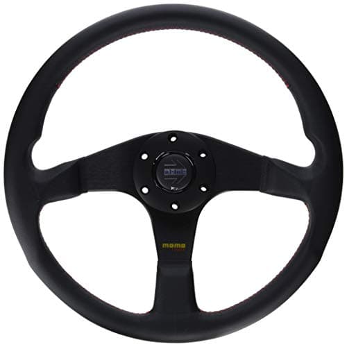 Momo Steering Wheel, Tuner, 350 mm Diameter, 37 mm Dish, 3-Spoke, Black Leather Grip, Aluminum, Black Anodized, Each