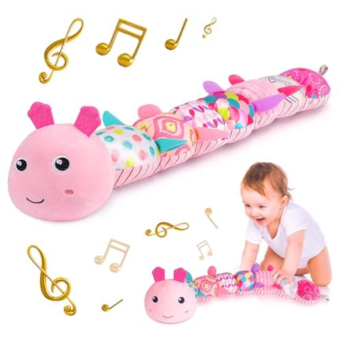 Sumobaby Infant Baby Musical Stuffed Animal Activity Soft Toys with MultiSensory Crinkle Rattle and Textures for Tummy Time Newborn 03612 Months Girls Caterpillar Pink