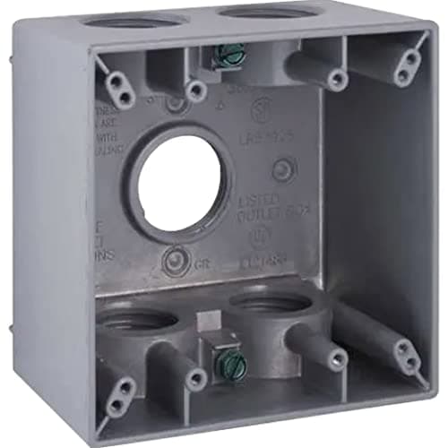 TayMac 5388-0 2-Gang Weatherproof Deep Box with Five 3/4-in. Threaded Outlets (Gray), Weatherproof Box for Outdoor Branch Circuit Wiring, Outdoor Junction Box for Outlet, Switch, or GFCI