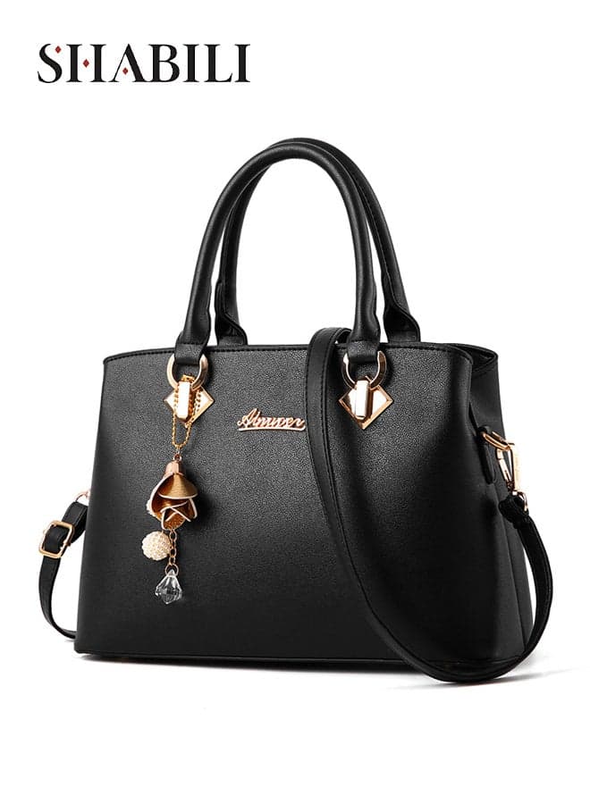Women PU Shoulder Bag Crossbody Satchel Tote Handbag,Ladies Bag Large-Capacity Multi-Pocket Structured Cross Bags with Floral Charm Holds Tablet Phone Wallet for Daily Casual Party Travel (Black)