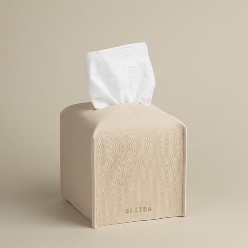 OLETHA Square Tissue Box Cover - Aesthetic Modern Farmhouse Decor for Room, Home & Office - Tissues Cube Boxes Holder - Canvas Grain, Greige