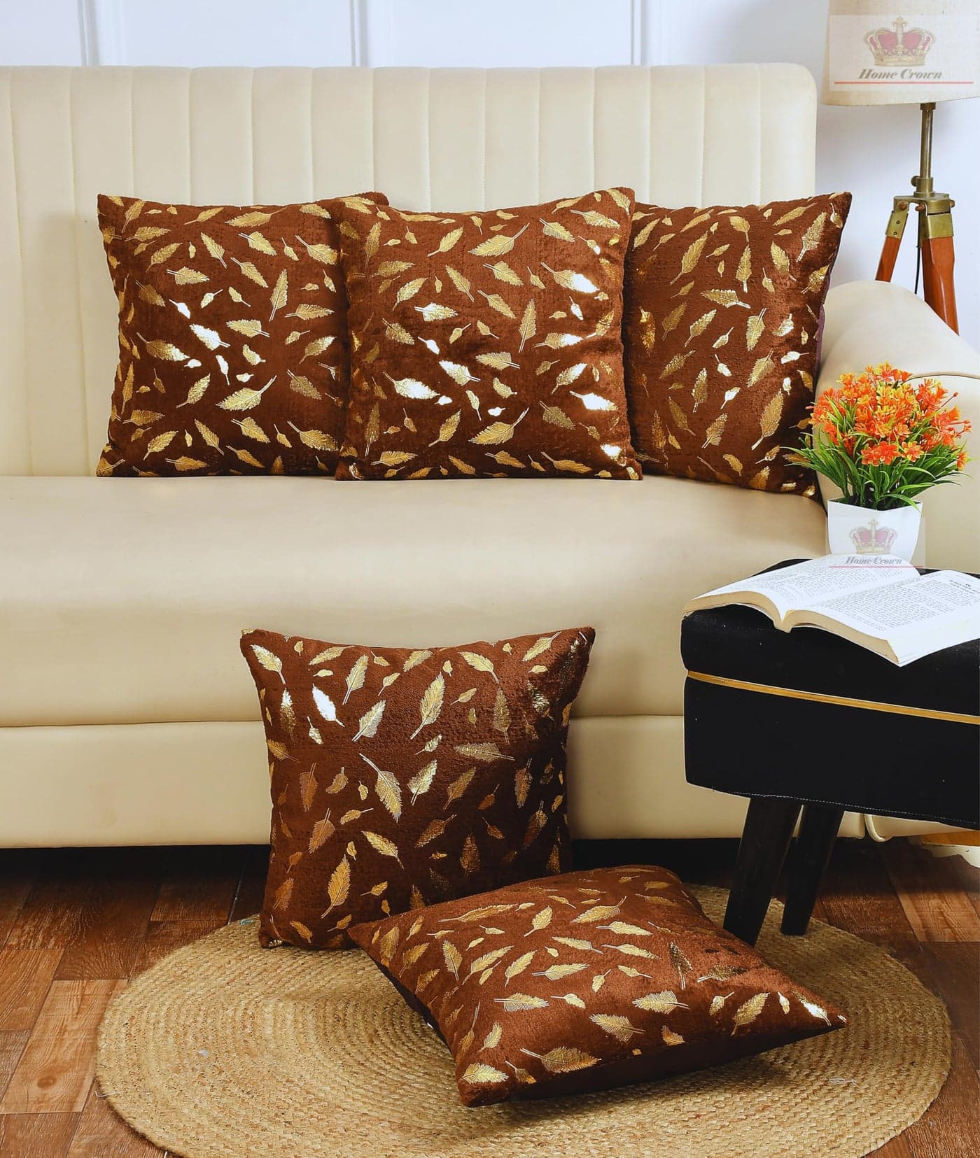 HOMECROWN 16x16 Inch Velvet Cushion Covers Set of 5 Pcs, Soft Decorative Faux Fur Throw Pillow Covers with Golden Feather Print for Sofa, Couch, Bed, Living Room - Brown-250 TC