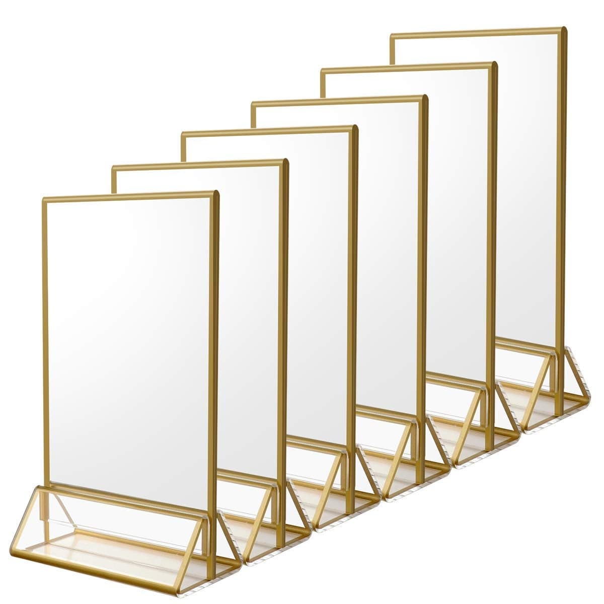 NIUBEE 6Pack 4 x 6 Clear Acrylic Sign Holder with Gold Borders and Vertical Stand Double Sided Table Menu Holders Picture Frames for Wedding Table Numbers Restaurant Signs Photos and Art Display