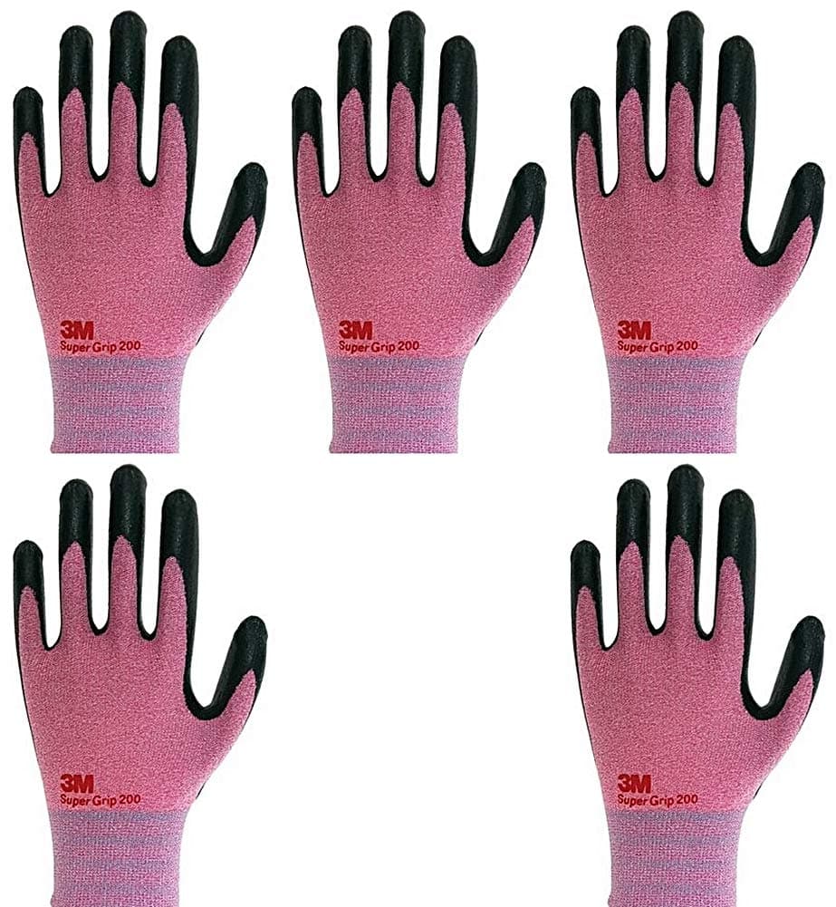 Lightweight Nitrile Work Gloves, 3D Comfort Stretch Fit, Durable Power Grip Foam Coated, Smart Touch, Thin Machine Washable, 5 Pairs Pack (Large, Pink)