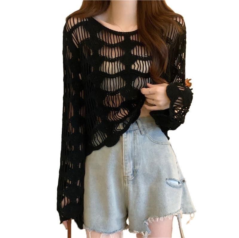 ICW Women's Knitted Cut Work Transparent Crochet Sheer Hollow Out Long Sleeve Top T-Shirt 33661 (in, Alpha, L, Regular, Black)
