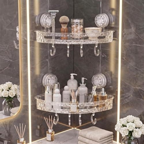 SHALVI Corner Shelf for Bathroom Wall | Bathroom Corner Shelf | Bathroom Organiser Without Drill | Transparent Plastic Wall Mounted Self Adhesive & Suction Storage Shelf (Pack of 2)